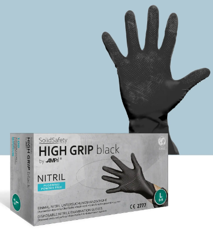 SolidSafety High Grip Einmalhandschuh Schwarz aus Nitril Gr. S bis XXL